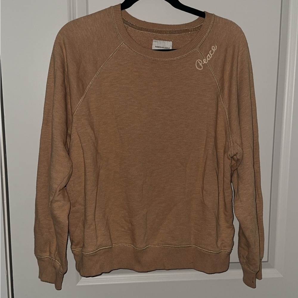 American Eagle Outfitters Tan "Peace" Crewneck Sweater